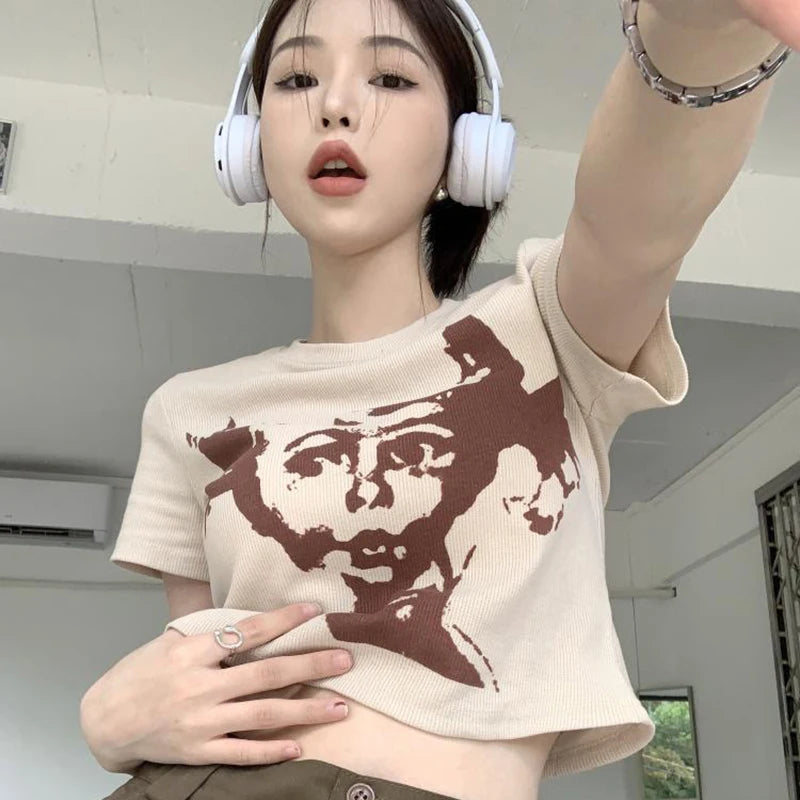 Vintage Women Summer Clothes Graphic T-shirt Fashion Short Sleeve Trend Punk Head Print T Shirt Clothing Tee Female Top