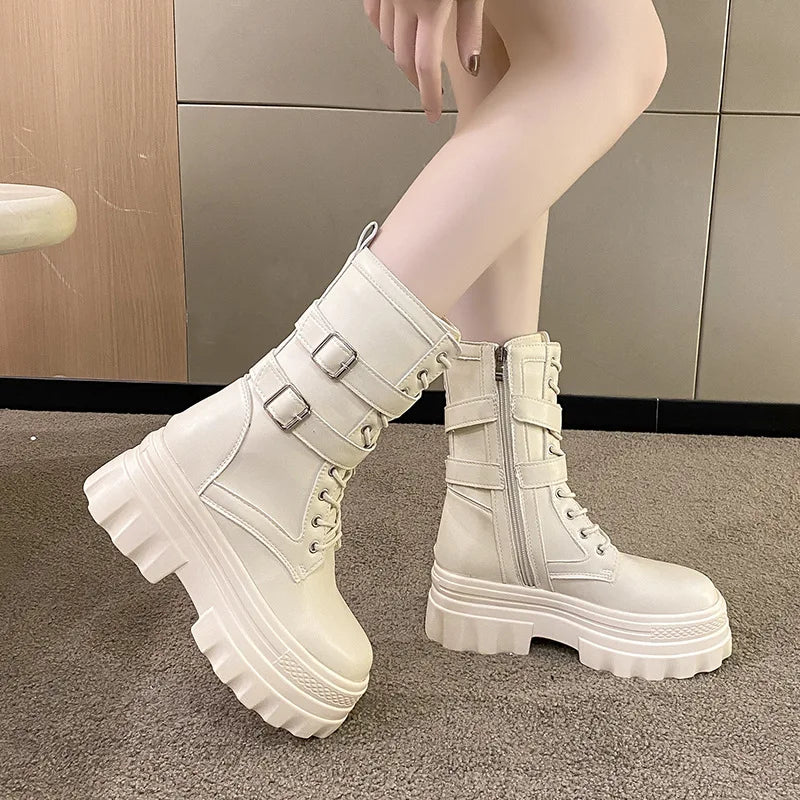 WOMEN ANKLE BOOTS Goth Boots Woman Winter 2023 Platform Shoes Sneakers Studded Belt Buckle Punk Army Chunky Heels Mid Calf Boots