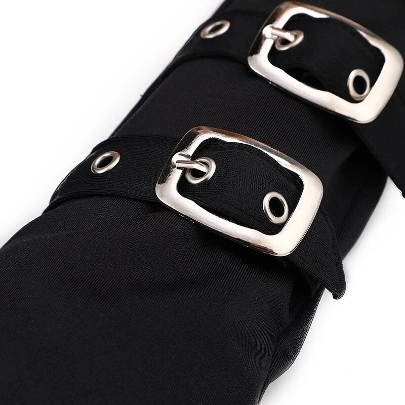 Women Wrist Mitten Half Finger Rivet Belt Punk hip hop Party Glove Unisex Gothic Fingerless Eyelet Ribbon Elbow Gloves Harajuku