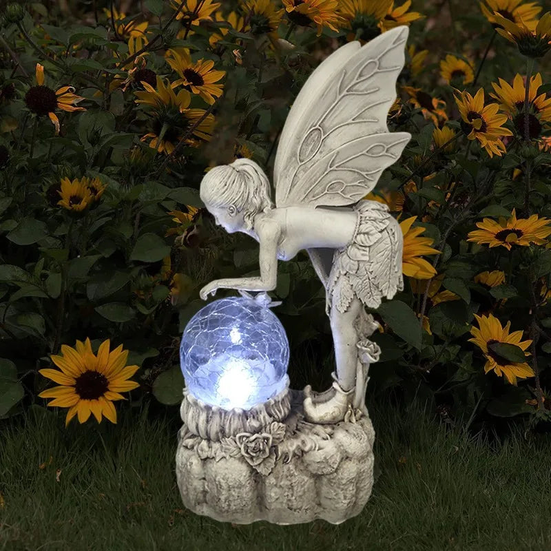 Fairy Tale Flower Fairy Decoration Garden Crystal Ball Girl Statue Solar Light Decoration Resin Crafts