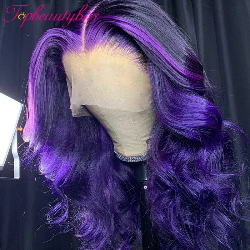 Purple Highlight Color 13X4 Lace Front Human Hair Wigs 180% Brazilian Remy Hair Wavy Lace Front Wig