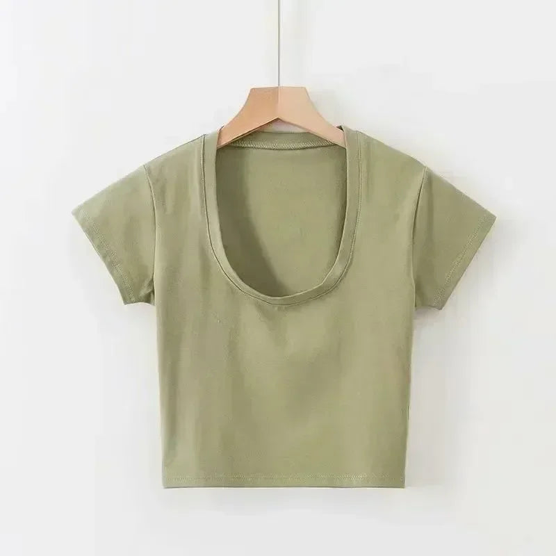 2024 New Summer Slim T-Shirt Women Short Sleeve T Shirt U-Neck Gray Tee Female Solid Basic Black/White Korean Crop Tops