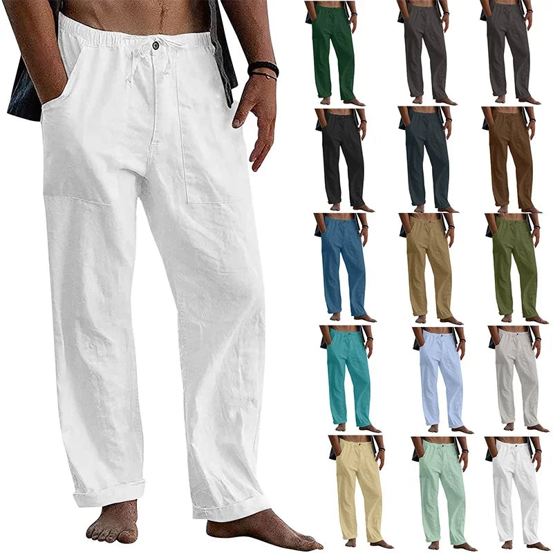 Men's Casual Trousers Home Pants 2024 New Man Cotton Linen Large Size White Straight Trousers Solid Beach Black Fitness Pants