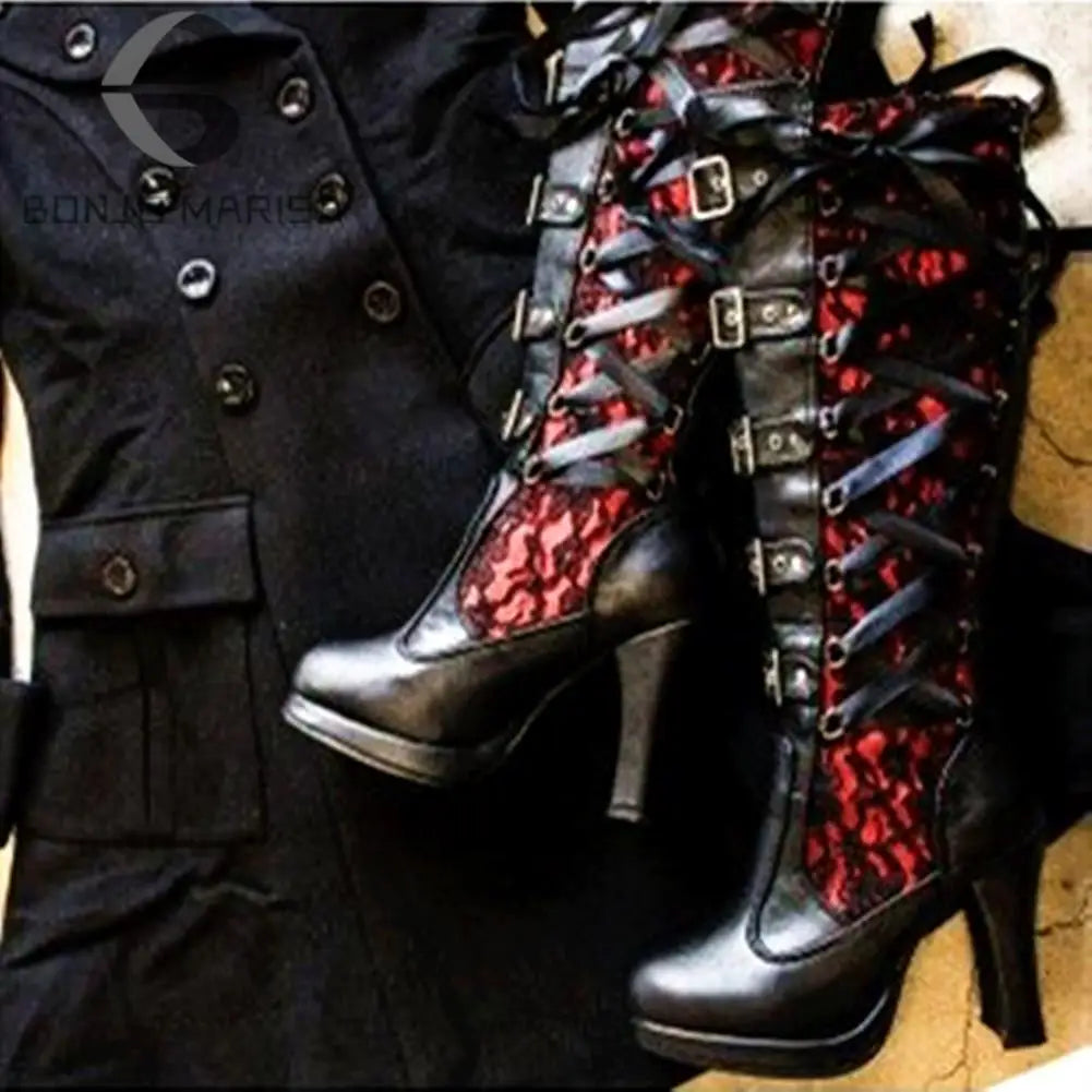 Platform Boots for Women Lace Up Chunky High Heel Med Calf Boots Narrow Band Bow Knot Goth Gothic Shoes Winter 2023