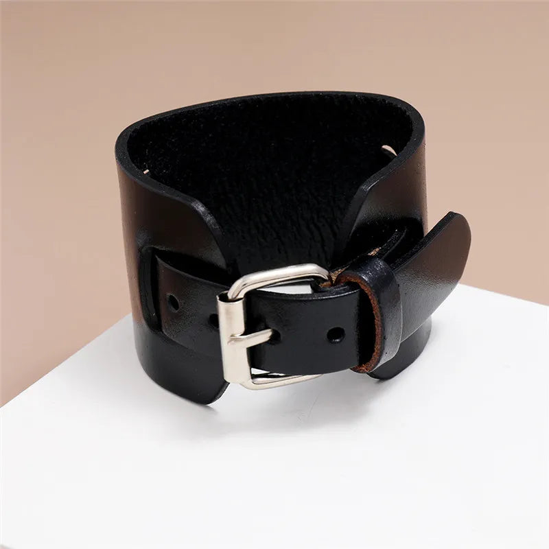 LETAPI New Fashion Punk Vintage Wide Genuine Leather Bracelet for Men Brown Black Wide Leather Jewelry pulsera hombre