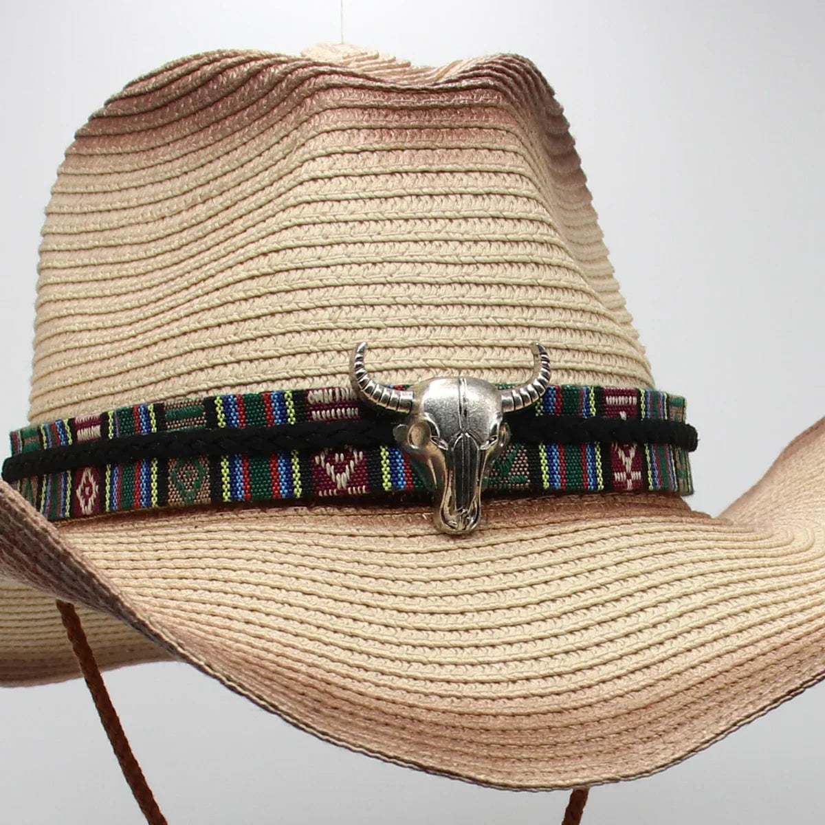 Retro Wild Straw Cowboy Hat Bull Shaped Decor Panama Hats For Men Travel Knight Country Hat Bohemian Women Beach Sunscreen Hat