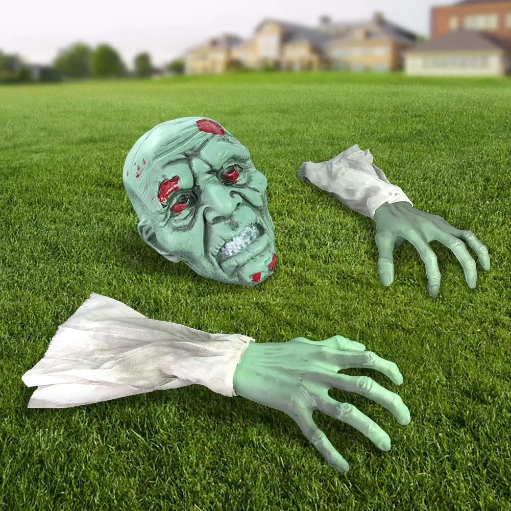 Halloween Decor Realistic Zombie Face and Arms Lawn Stakes, Skeleton Bone Head and Hands, Garden Yard Graveyard