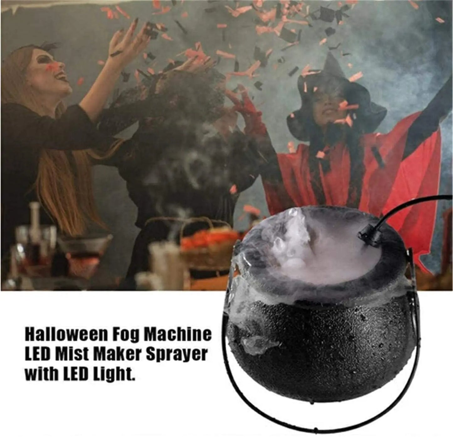 Halloween Mist Witch Pot,Witch Cauldron Fog Maker Water Fountain Fog Machine Colorful Changing Light Halloween Party Decoration