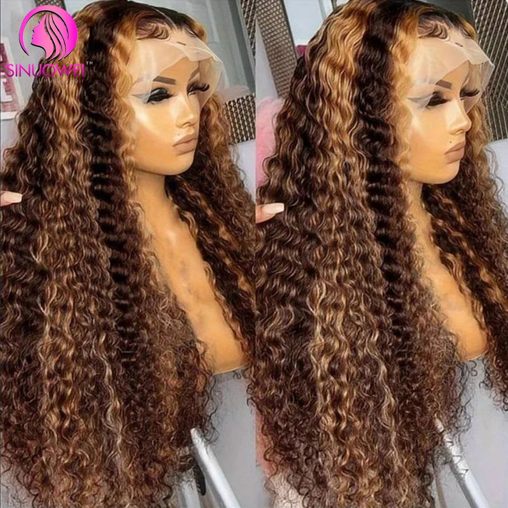 Highlight Wig Human Hair 13X6 Water Wave Frontal Wig Brazilian Curly P4/27 Honey Blonde Highlight Lace Frontal Wigs For Women