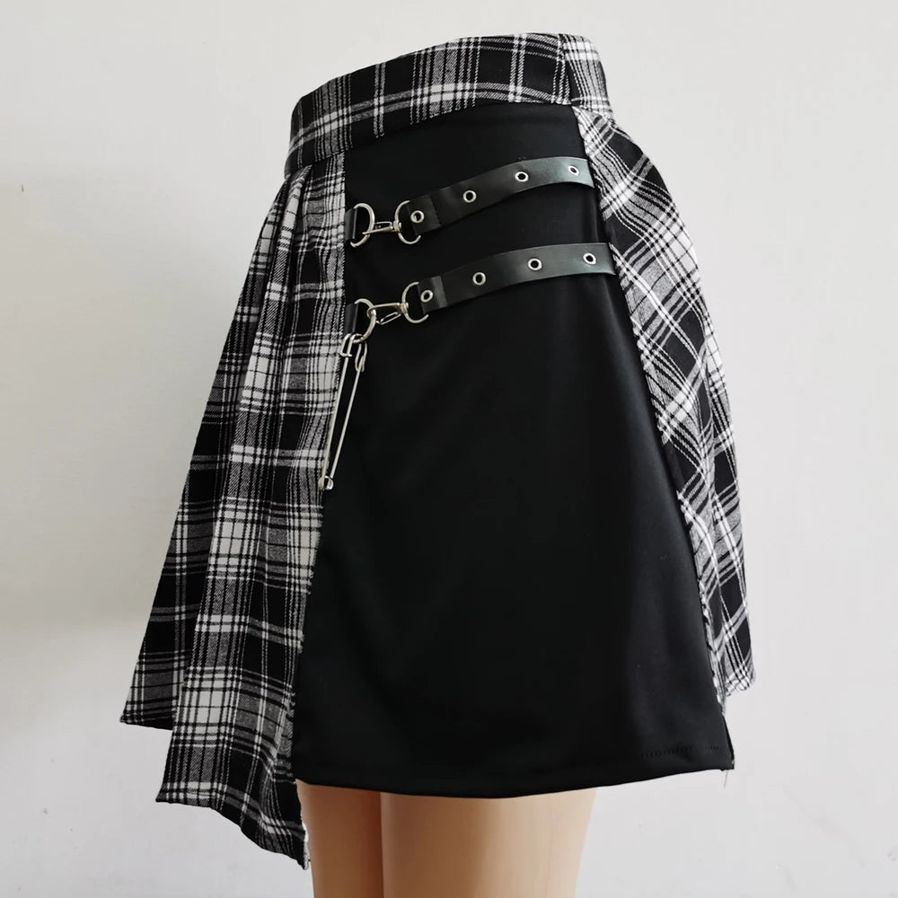 FICHOR Mall Goth Gothic Lace Ruffle Mini Skirts Womens Harajuku Fairy Grunge Pink Plaid Pleated Skirt Japanese Lolita Streetwear