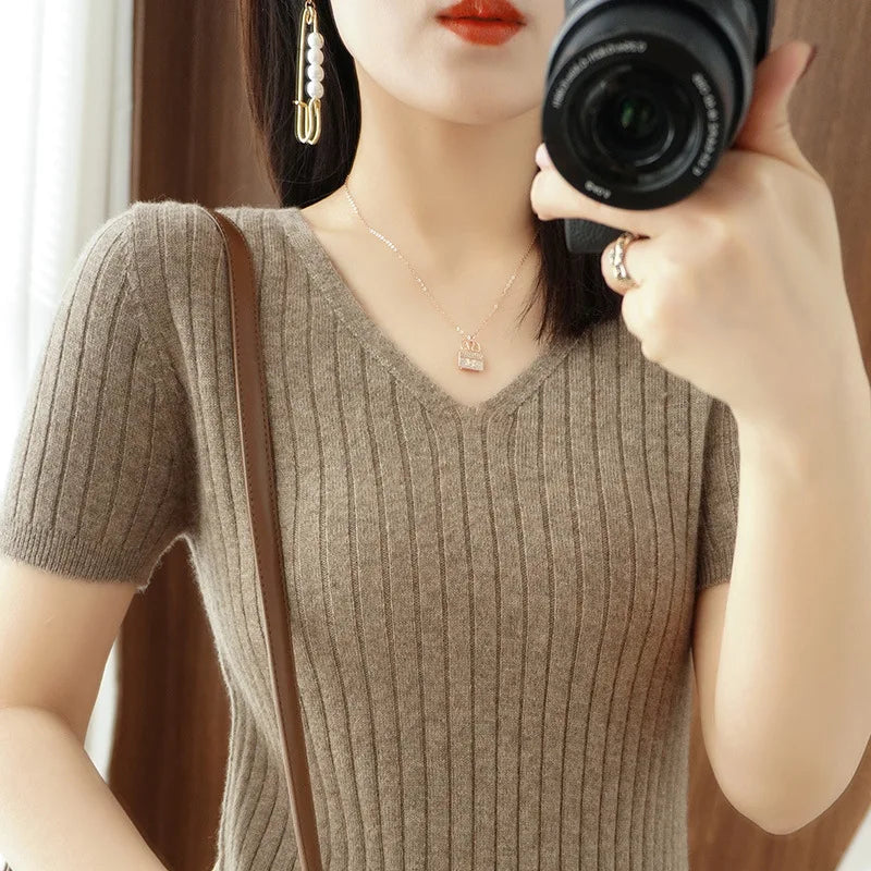 2023 Spring Summer Women Sweater V-neck Short Sleeve Tshirt Korean Fashion Knitwears Slim Fit Pullovers Bottoming Inner Knit Top