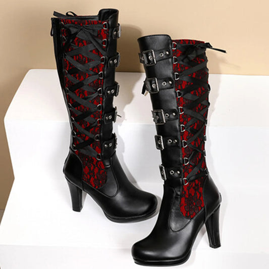 Platform Boots for Women Lace Up Chunky High Heel Med Calf Boots Narrow Band Bow Knot Goth Gothic Shoes Winter 2023