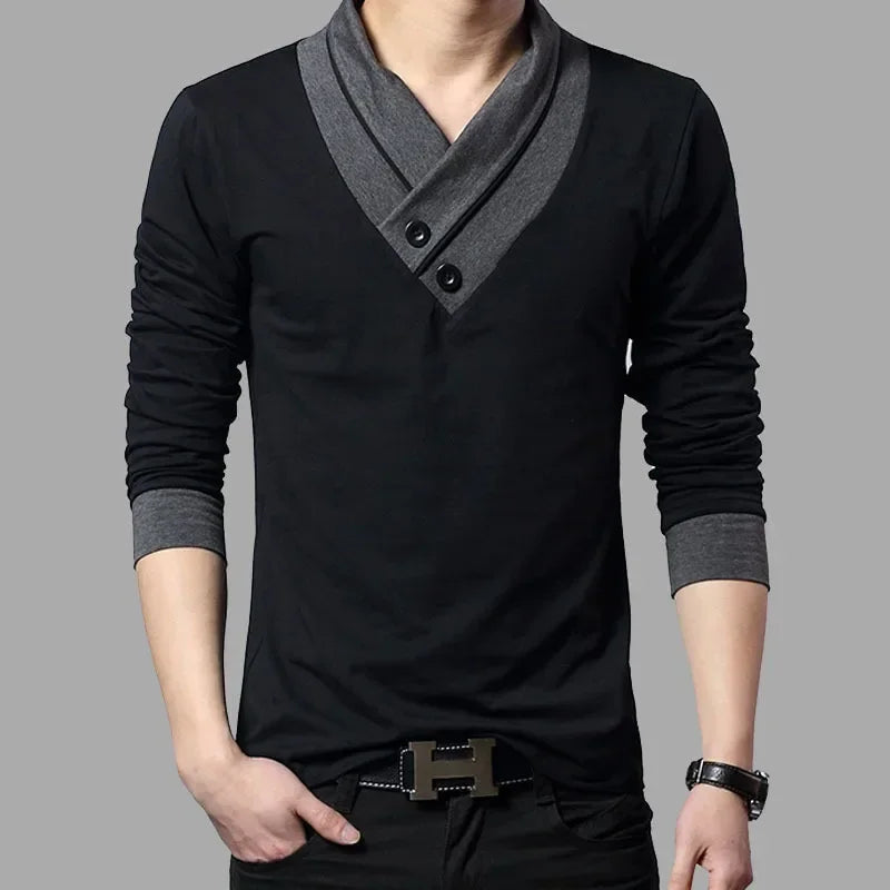 2024 Fashion Brand Trend Slim Fit Long Sleeve T Shirt Men Patchwork Collar Tee V-Neck Men T-Shirt Cotton T Shirts Plus Size 5XL