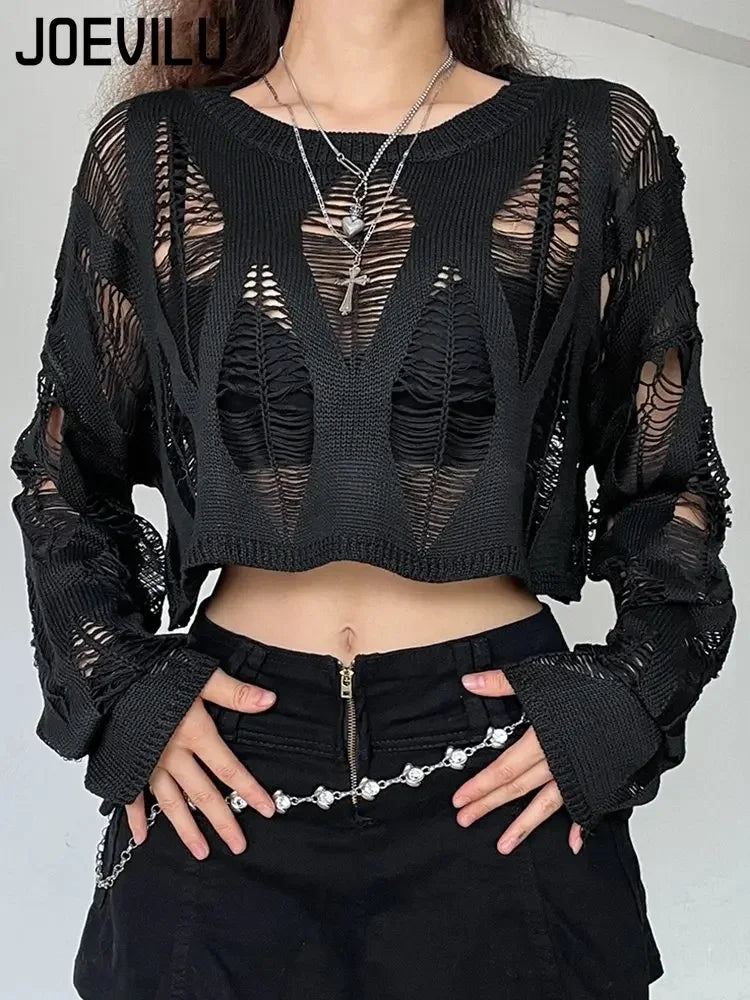 Perforated Hollow Out Knitted Blouse Sunscreen Long Sleeve Top Gothic Dark Black Sexy Thin Sweater Women's Summer Chic Crop Tops