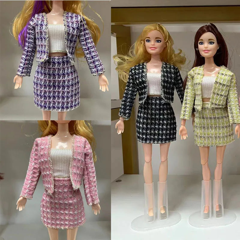 3pcs/set Handmade Clothes Gird Coat Skirt Top 30cm Doll Clothing Autumn Wear Outfit For 1/6 Xinyi FR ST for Barbie Doll Toy