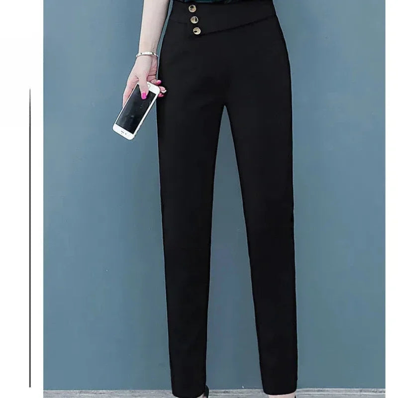 Pencil Trousers Spring Autumn Solid Color Button Elastic High Waisted Pockets Casual Women's Clothing Korean Fashion Pants