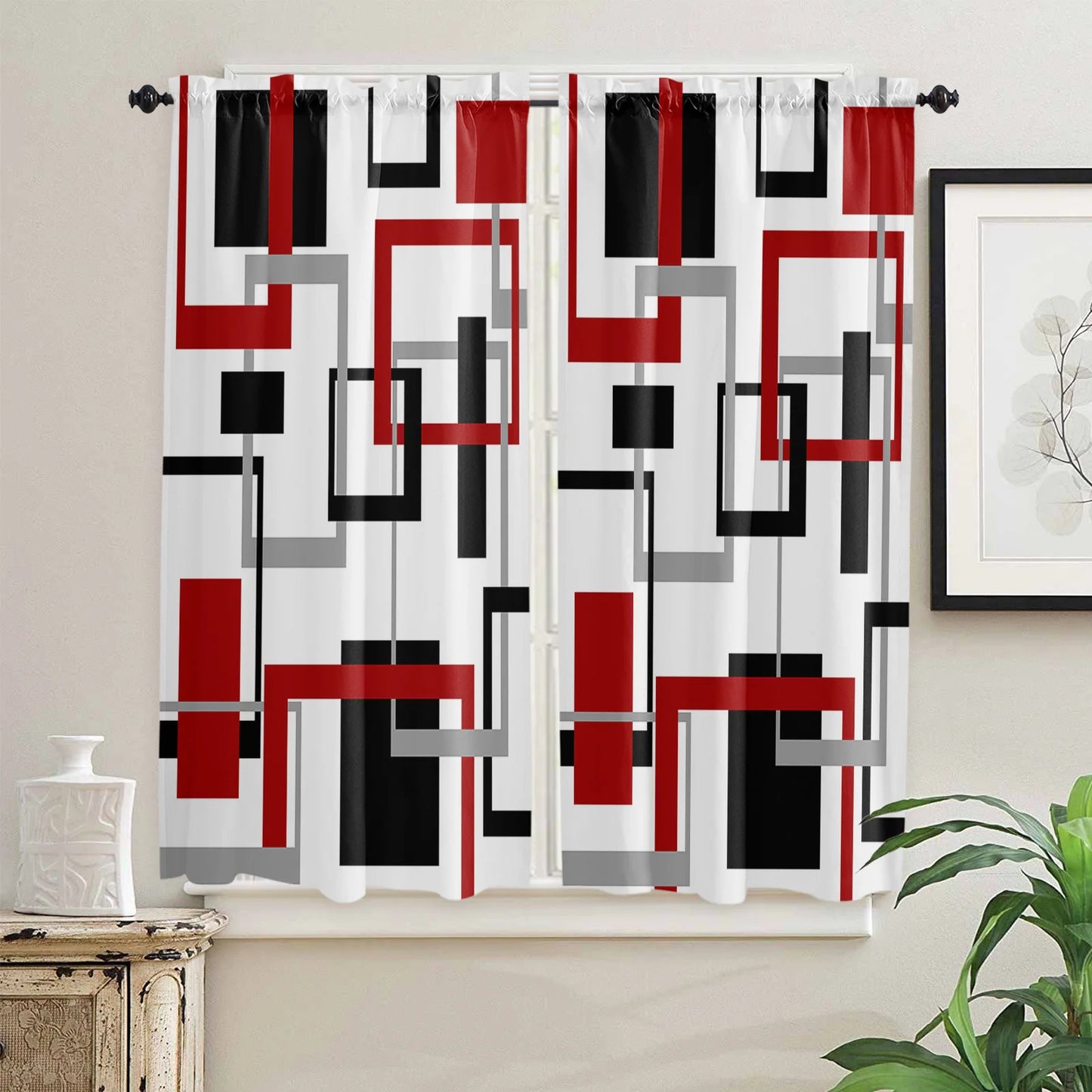 Abstract Geometric Squares Art Black Red Rod Pocket Short Curtain Half-Curtain For Home Kitchen Door Drape Cafe Small Window