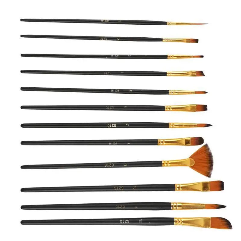 Multi-functional Watercolor Gouache 12 Pcs Short Wood Rod Oil Painting Brush Set Art Tool Beginner Nylon Hair Acrylic Materials