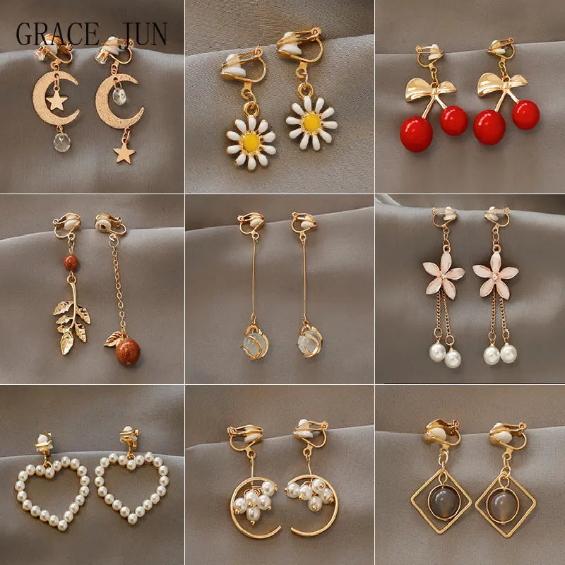 Korean Style Clip on Earrings No Pierced Earrings Women's Party Birthday Fashion Flower Heart Cute Cuff Earrings Ear Clip Gift