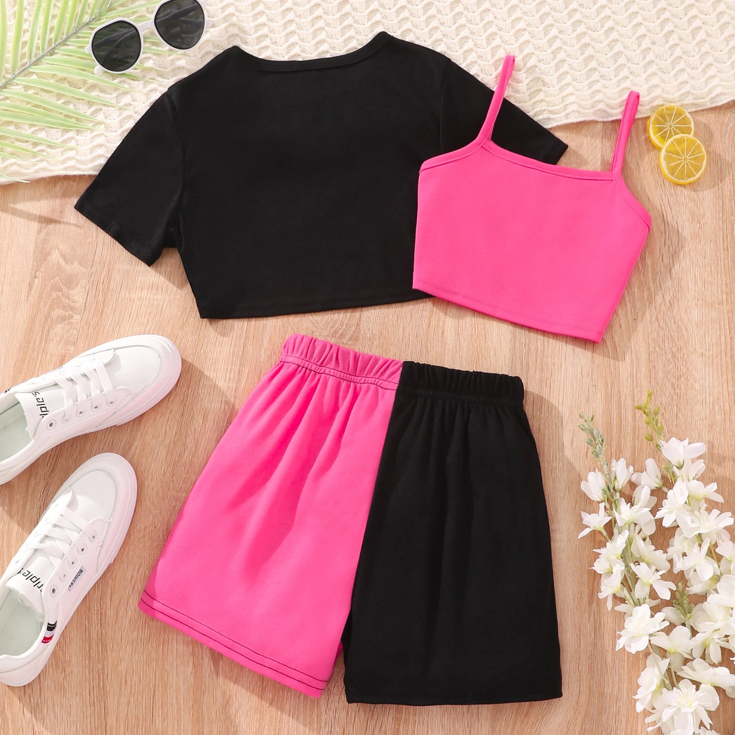 2024 Kids Girls Clothing Set Summer Short Sleeve Fashion Three Piece Girls Suit Color Block Children Outfits Girls Clothes 8-12Y