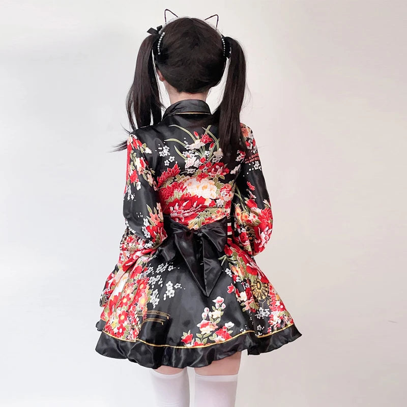 Japanese Kimono Yukata Robes Kawaii Girls Floral Printed Haori Suit Lovely Lolita Dress For Women Maid Cosplay Costume Halloween