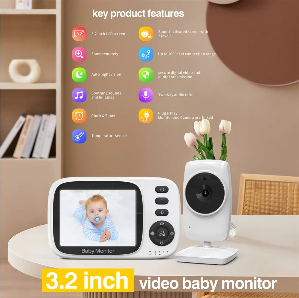 BabyStar 3.2Inch Wireless Video Baby Monitor With Lullabies Auto Night Vision Two Way Intercom Temperature Monitoring Babysitter