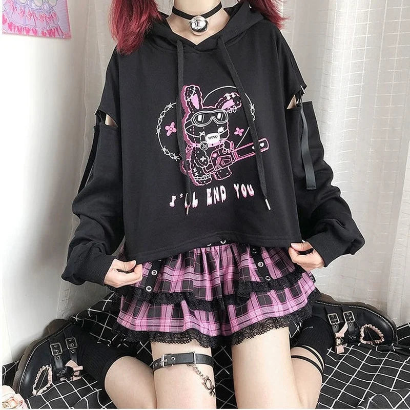 Spring Autumn New Hoodies Punk Gothic Patchwork Hollow Out Y2k Clothes Cartoon Print Casual Loose Preppy Style Crop Sweatshirts