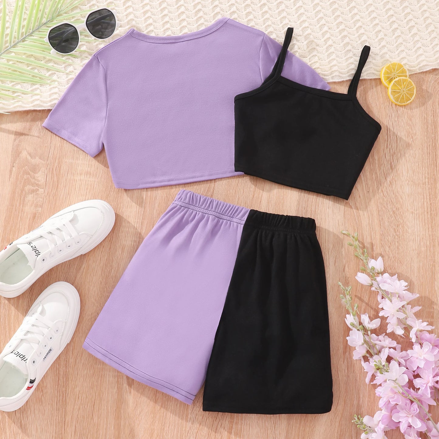 2024 Kids Girls Clothing Set Summer Short Sleeve Fashion Three Piece Girls Suit Color Block Children Outfits Girls Clothes 8-12Y