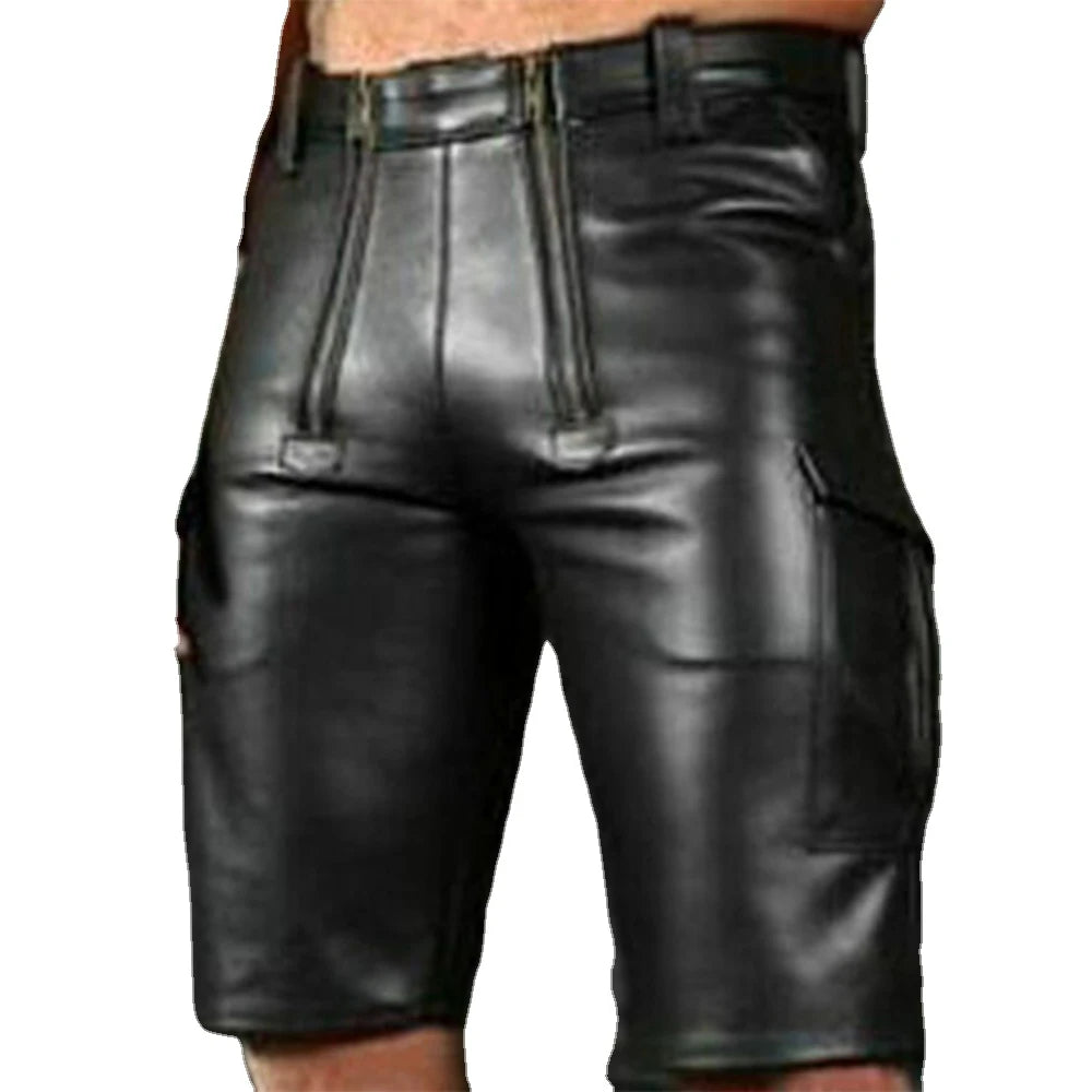 Men's Leather Pants New Solid Color PU Casual Male Short Leather Pants Black Slim Fit Streetwear Pantalon Cuir Homme