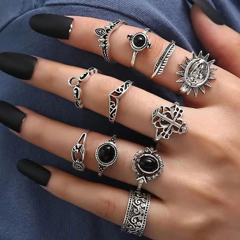 30pcs/Lot Wholesale Antique Silver Color Finger Rings For Women New Black Acrylic Stone Crown Water Drop Angel Wing Jewelry Girl