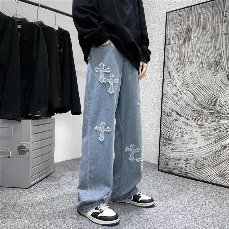 Streetwear Gothic Jeans Women  High Waist Jeans Trousers Casual Cross Cargo Pants Korean Summer Straight Baggy Punk Clothes