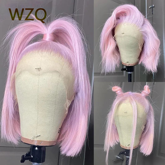 Pink Colored Short Straight Bob Lace Front Wig Mint Green Human Hair Wigs 613 Blonde Platinum HD Transparent Lace Frontal Wig