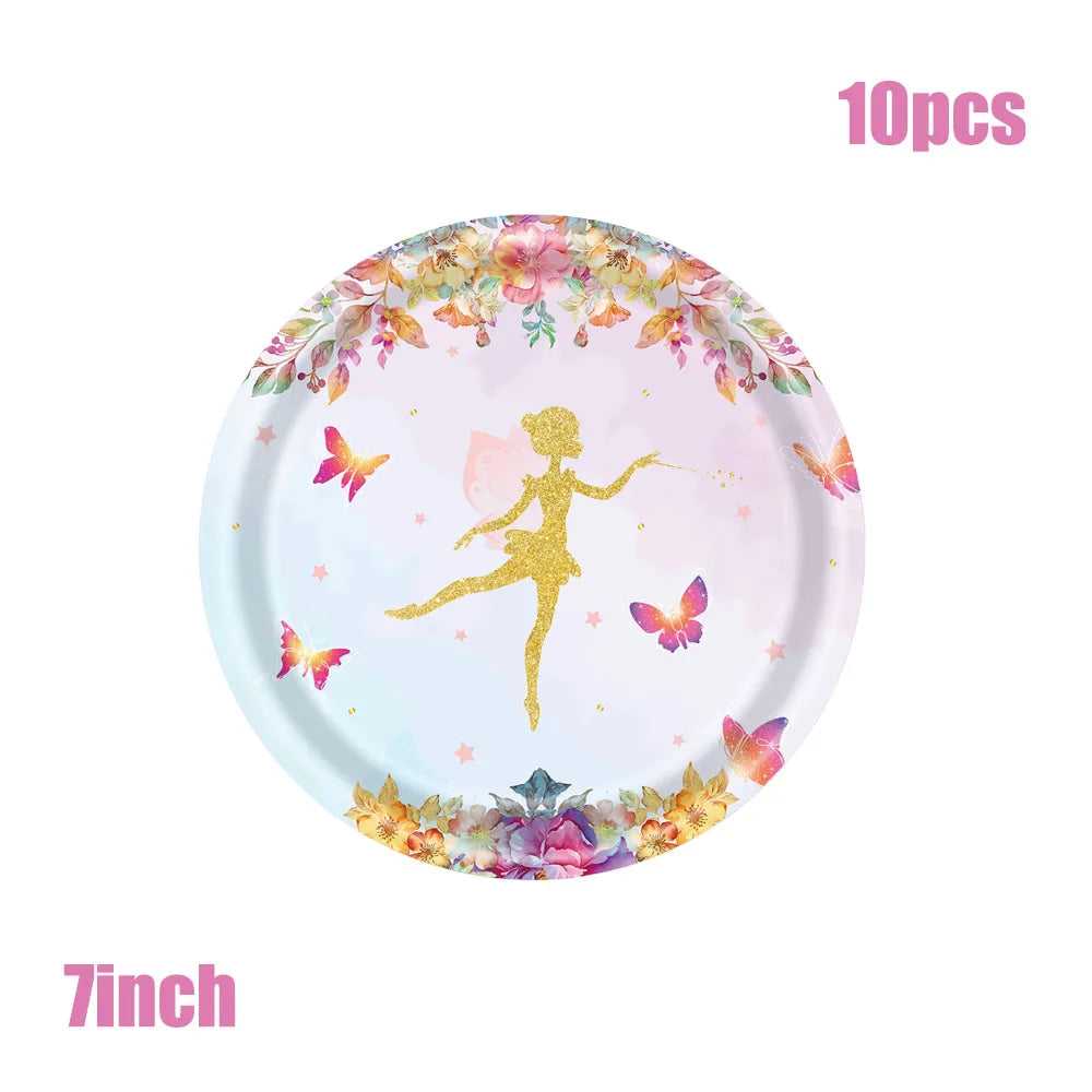 Happy Birthday Flower Fairy Girl Baby Shower Party Paper Plate Cup Cisposable Tableware Children Party Decoration Supplies Serie