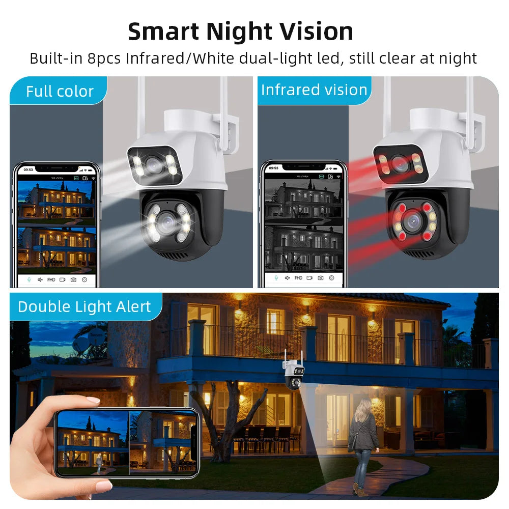 Surveillance PTZ WIFI Camera Dual Lens Dual Screen IP Camera Outdoor 8MP HD Auto Tracking Security Protection ICSee app