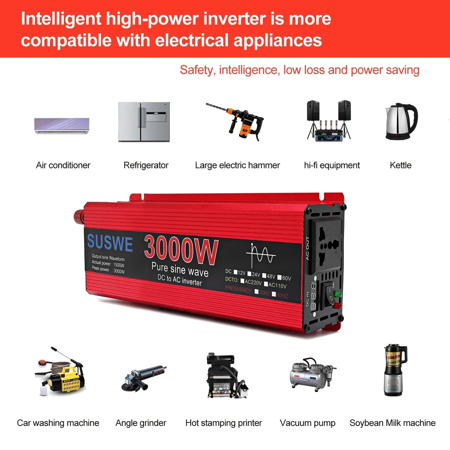 NEW Pure Sine Wave Inverter 1000W 2000W 2200W 3000W DC 12V 24V To AC 220V 110V  Voltage 50/60HZ Solar Car Inverters