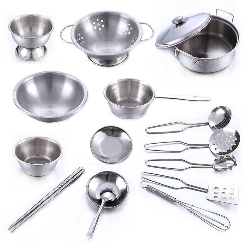 Kids Simulation Play House Toys Stainless Steel Kitchen MINI Cooking Utensils Pots Pans Food Toys Miniature Kitchen Tools Set