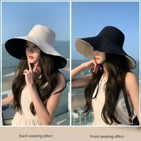 Spring Summer New Big Wide Brim Women Bucket Hat Solid Color Foldable UV Protection Outdoor Beach Panama Cap Sun Hats