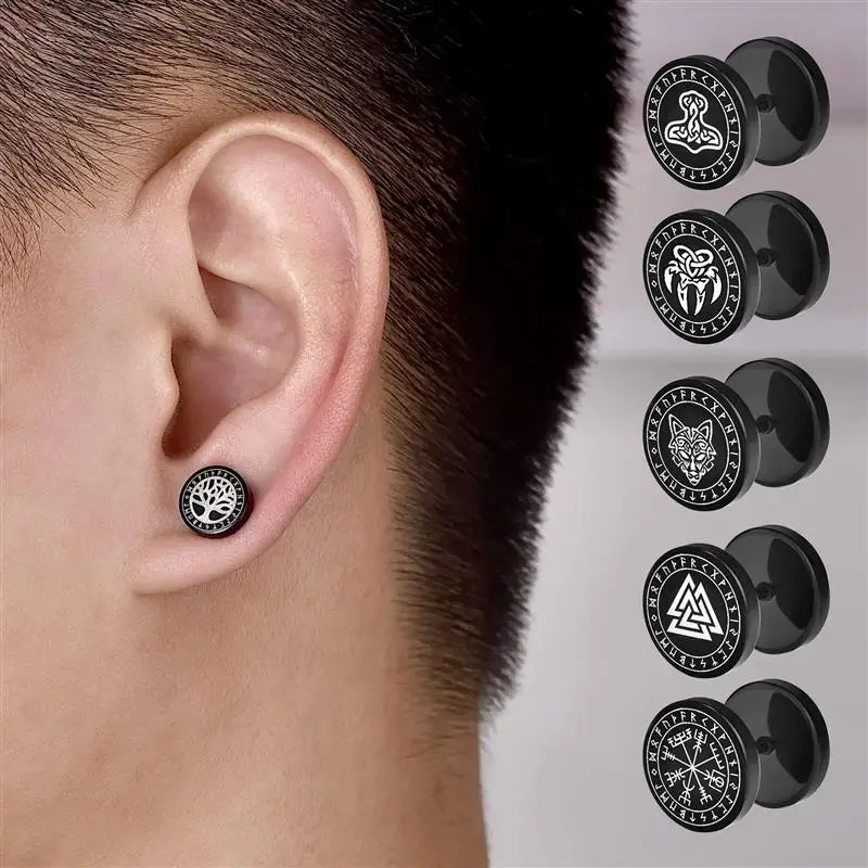 1 Pair Gothic Viking Runes Stud Earrings for Men Boys Rock Punk Stainless Steel Wolf Head Compass Celtic Knot Earrings