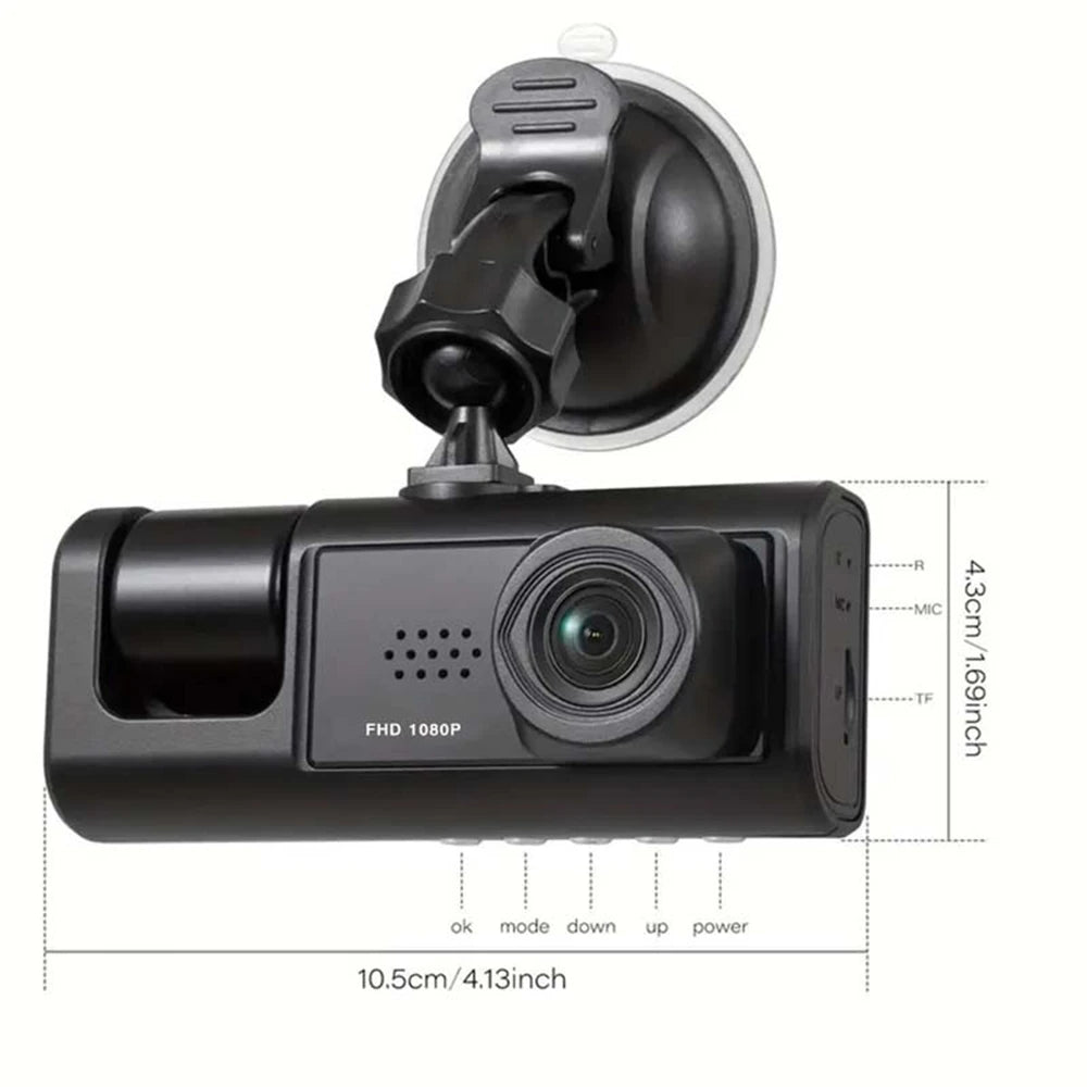 Dash Cam 1080P Car Video Recorder W/ IR Night Vision Loop Recording & 2" IPS Screen 1080P 3 Camera Black Box