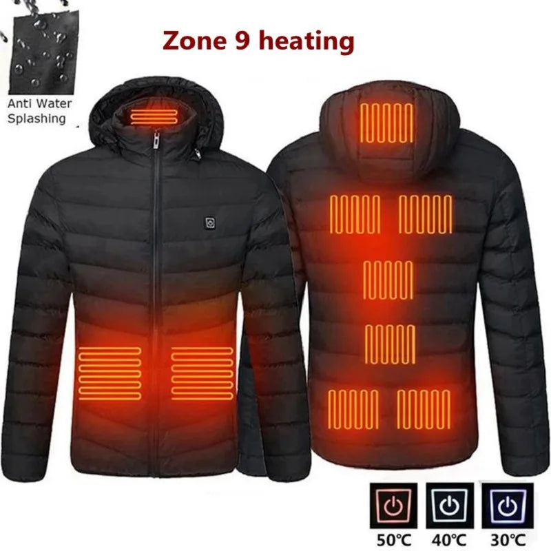 9 Heating Zones Jacket Winter Long Unisex Heated Coat Waterproof Clothes for Women Men USB Powered 3 Gear Temperature Control