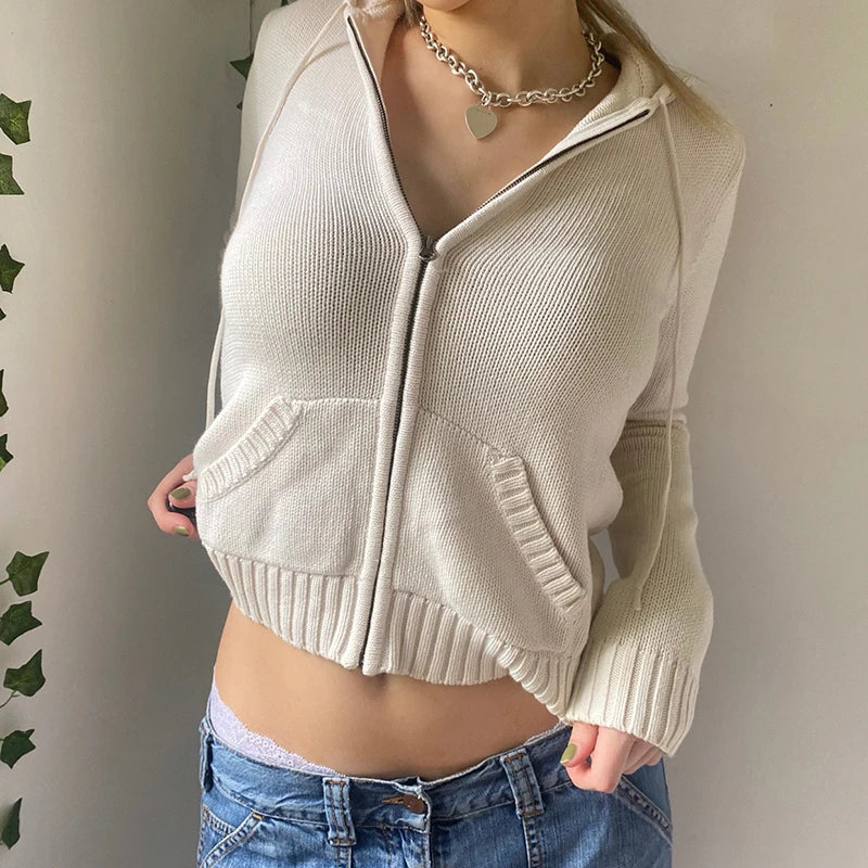 Vintage Brown Y2K Hooded Sweaters Women 2023 Autumn Winter Lantern Sleeve Zip Up Jacket Knitted Hoodies Cropped Cardigan Top