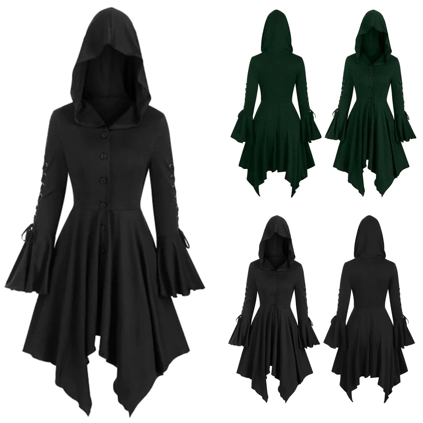 Ladies Cloak Hooded Dress Medieval Gothic Hooded Cape Jacket Irregular Hem Lotus Sleeves Punk Jacket Skirt Halloween Costumes