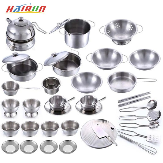 Kids Simulation Play House Toys Stainless Steel Kitchen MINI Cooking Utensils Pots Pans Food Toys Miniature Kitchen Tools Set