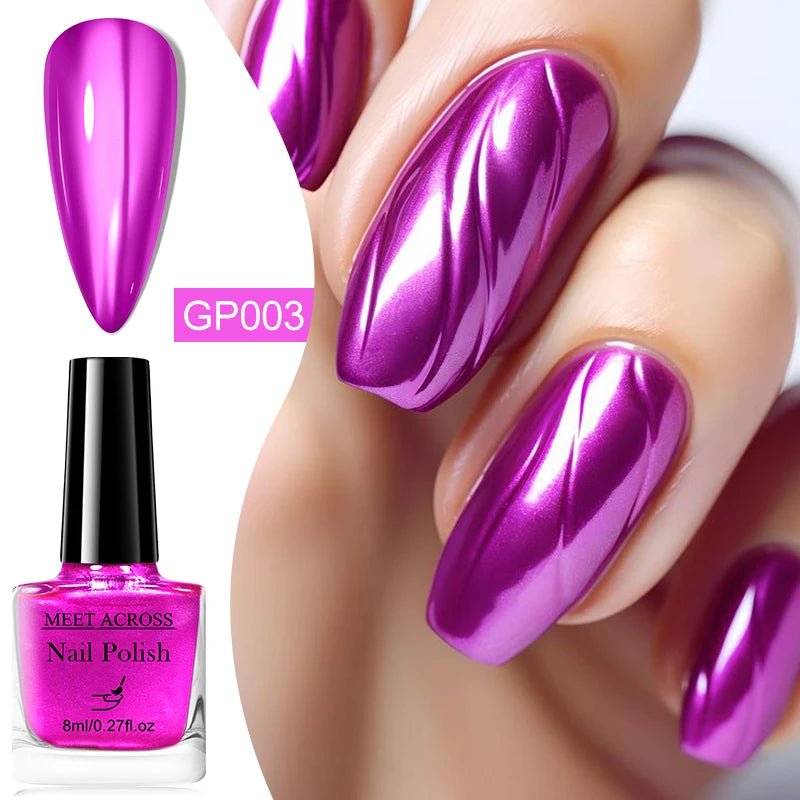 MEET ACROSS 8ml Dark Purple Glass Bottle Mirror Metallic Nail Polish Super Bright Metallic Effect Nail Art Varnish No Need Lamp