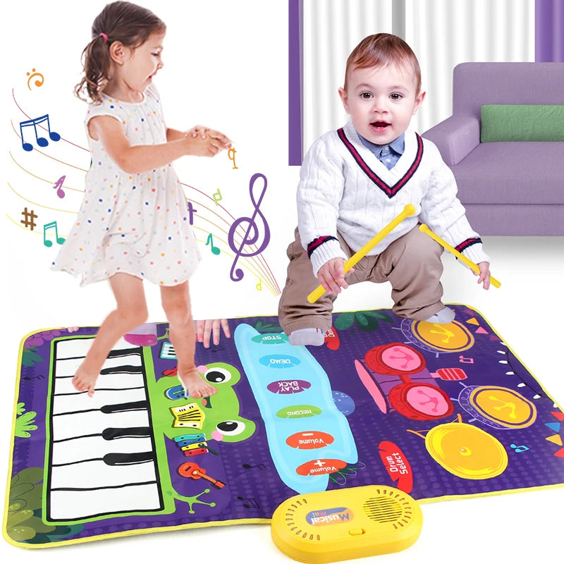 2 In 1 Piano Mat for Kids Toddler Piano & Drum Mat  with 2 Sticks Music Touch Play Carpet Music Instrument Education Toys Gift