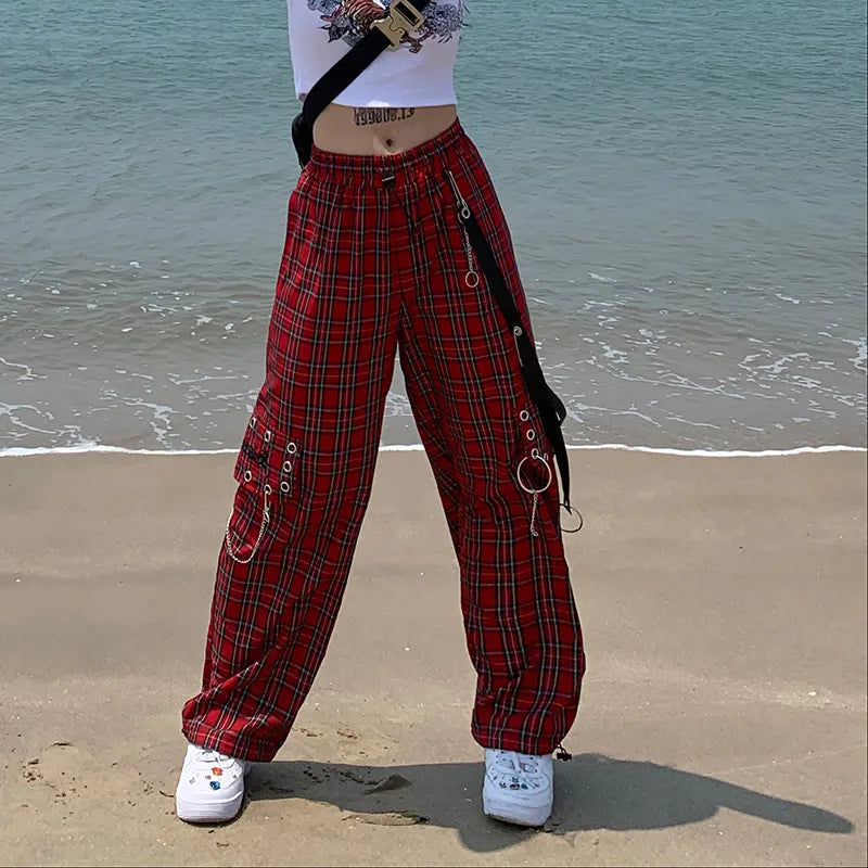 Gothic Harajuku Red Plaid Cargo Pants Women Chain Wide Leg Goth Hippie Streetwear Trousers Loose Female Baggy Fashion