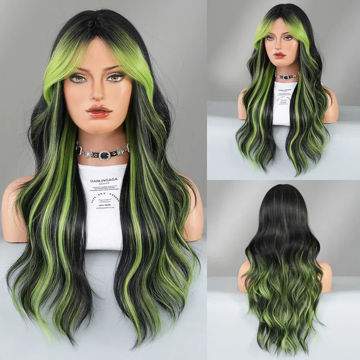 PARK YUN Long Loose Body Wave Black Hair Wig Highlight Green Curtain Bangs High Density Synthetic Layered Middle Part Wigs