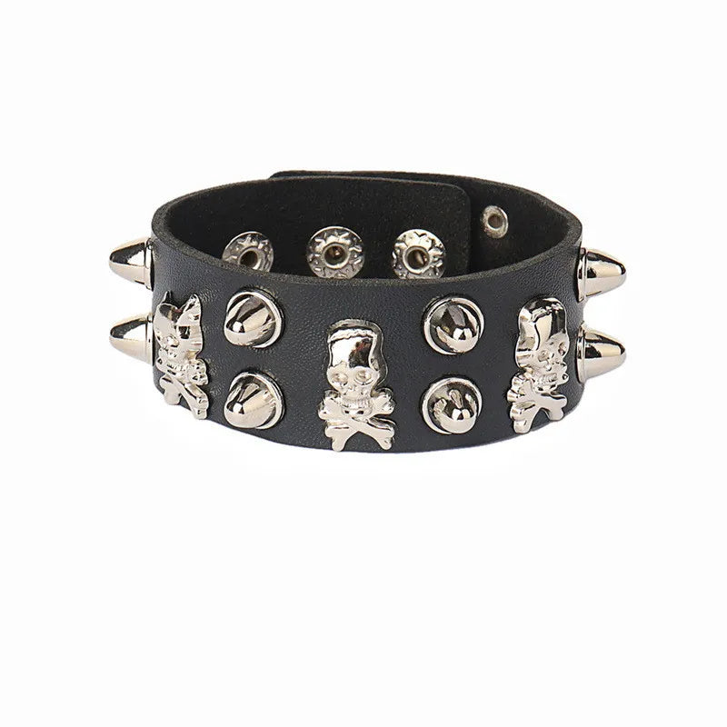 2022 Skull Star Heart Punk Gothic Rock Three Row Metal Stud Spikes Rivet Pu Leather Wristband Bangle Wide Cuff Bracelet