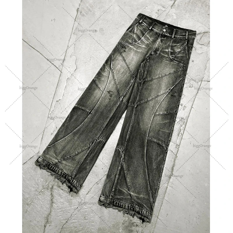 Y2k Streetwear Punk Hip Hop Jeans West Coast Workwear Ripped Rap Style Loose Wash Plus Size Clothing Men Mopping Pants