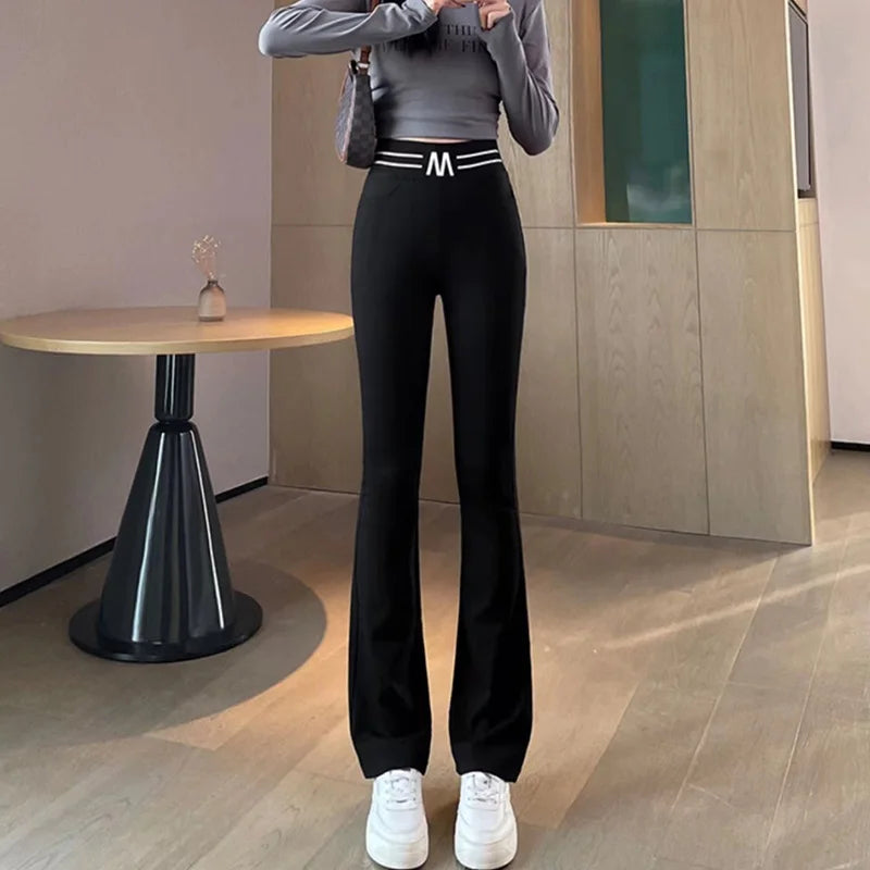 2023 Autumn New All-match Letter Black Elastic Waist Flare Ladies Casual Patchwork Solid Color High Waist Straight Slim Trousers